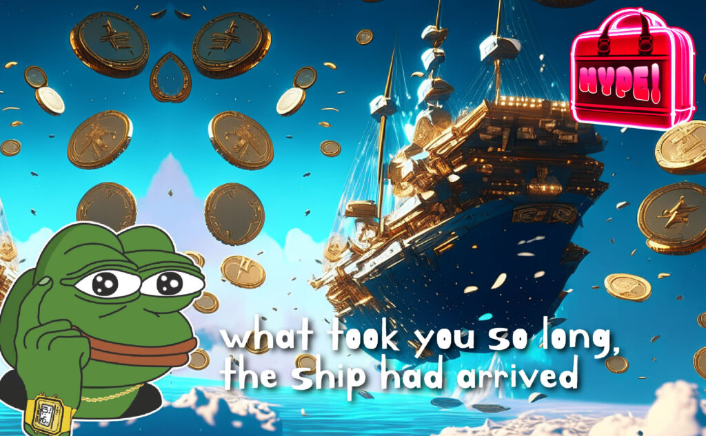 Bag of HYPE – The meme coins season had arrived. A giant ship floating on mid air distributing cryptocurrency coins.