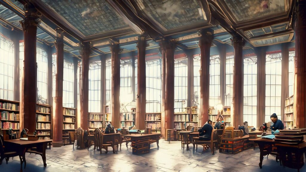 Interior of a huge library setup as blockchain metaphor.