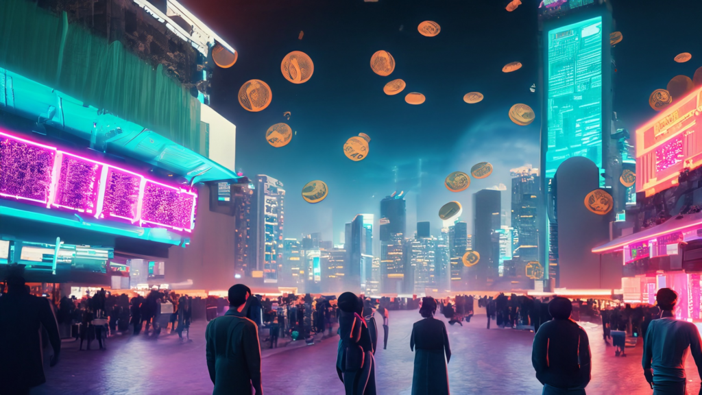 A future neon city of Hong Kong with flying coins around the sky where crowd of people looking at it.