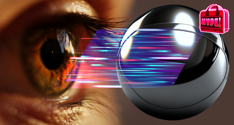 A close-up of an eye iris scanned into a biometric Orb for the proof of humanity to get access the WorldCoin digital asset.